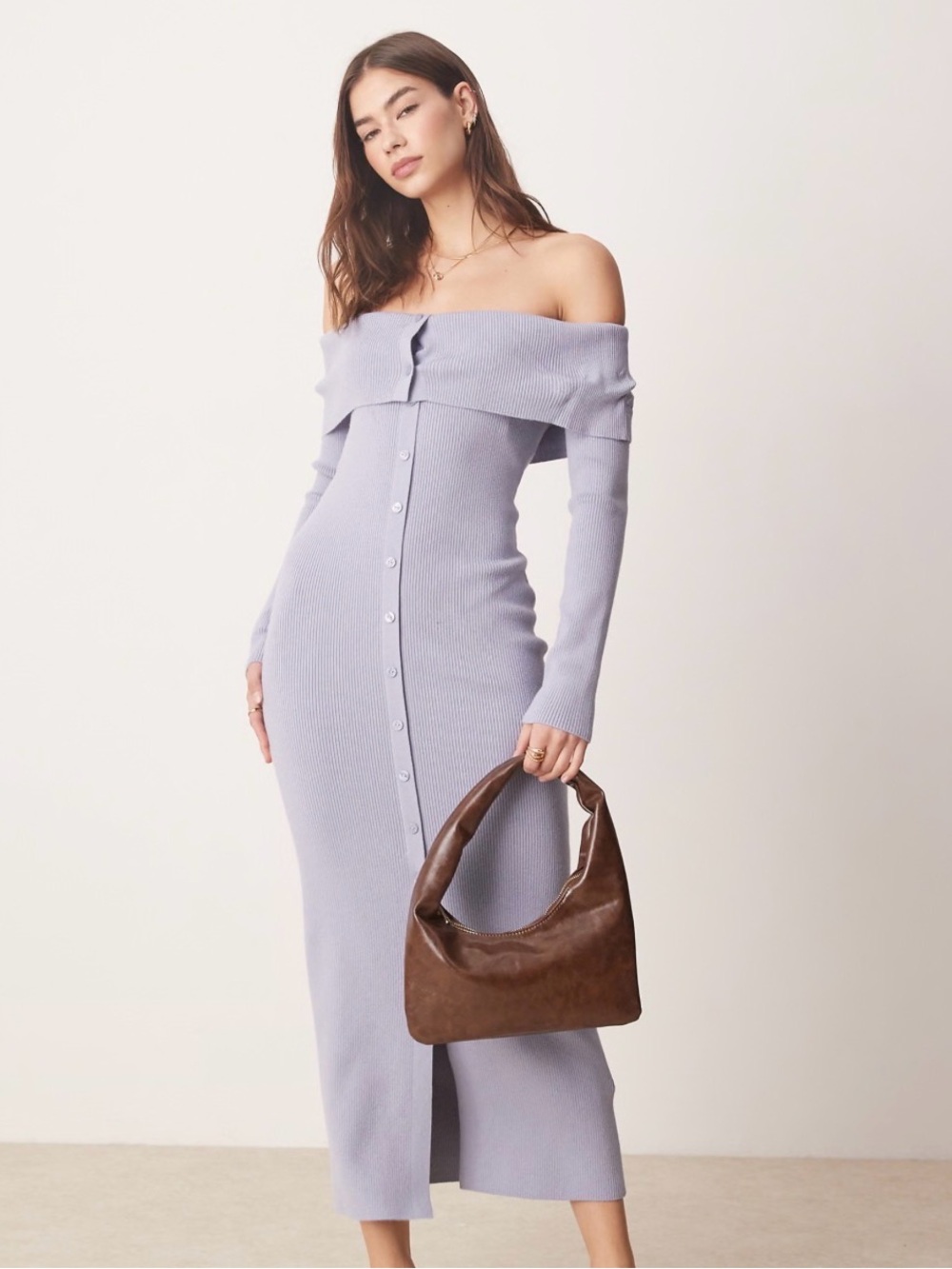 Abercrombie & Fitch Off-Shoulder Lavender Button-Front Maxi Dress